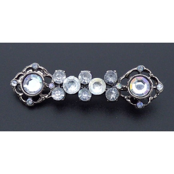 Aurora Borealis Clear Rhinestone Bar Brooch Pin Ornate Gunmetal Tone Vintage - Picture 12 of 12